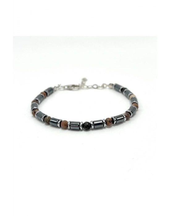 Sertifikalı Rodanit ve Hematit  925 Ayar Doğal Taş Gümüş Bileklik 4mm