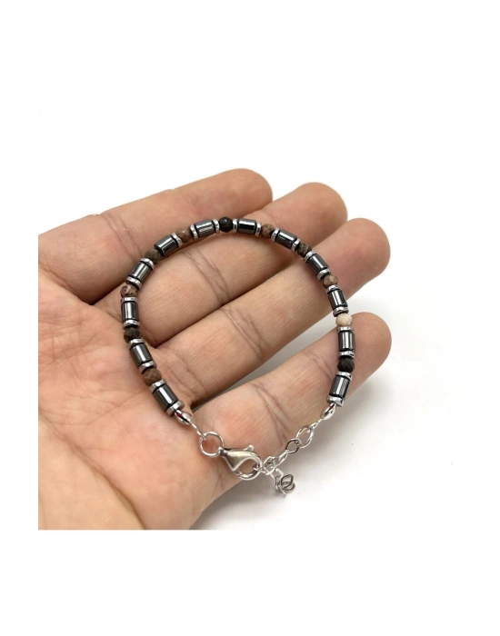 Sertifikalı Rodanit ve Hematit  925 Ayar Doğal Taş Gümüş Bileklik 4mm