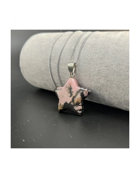 Sertifikalı Rodanit Yıldız Model Doğal Taş Kolye (Kararmama Garantili)