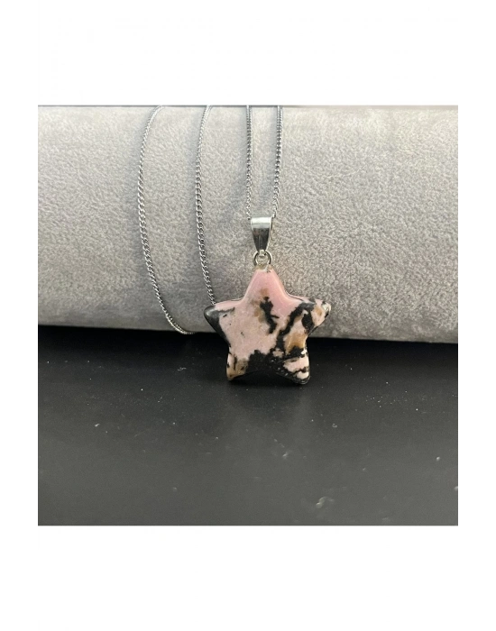 Sertifikalı Rodanit Yıldız Model Doğal Taş Kolye (Kararmama Garantili)