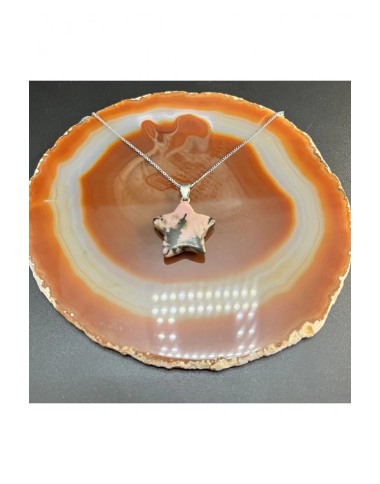 Sertifikalı Rodanit Yıldız Model Doğal Taş Kolye (Kararmama Garantili)