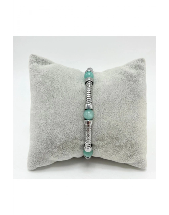 Sertifikalı Rondel Kesim Amazonit ve Hematit  925 Ayar Doğal Taş Gümüş Bileklik 6mm