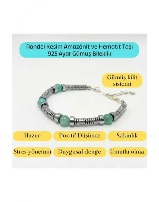 Sertifikalı Rondel Kesim Amazonit ve Hematit  925 Ayar Doğal Taş Gümüş Bileklik 6mm