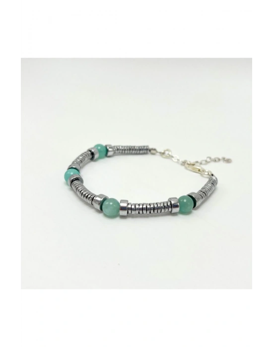 Sertifikalı Rondel Kesim Amazonit ve Hematit  925 Ayar Doğal Taş Gümüş Bileklik 6mm