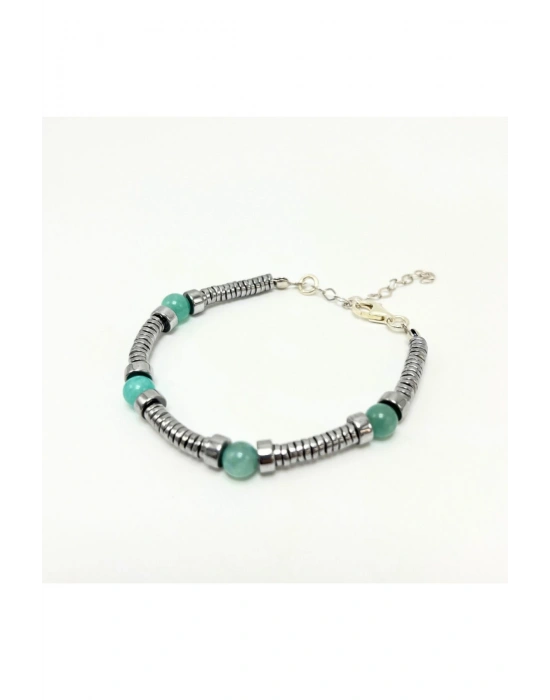 Sertifikalı Rondel Kesim Amazonit ve Hematit  925 Ayar Doğal Taş Gümüş Bileklik 6mm