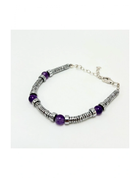 Sertifikalı Rondel Kesim Ametist ve Hematit  925 Ayar Doğal Taş Gümüş Bileklik 6mm