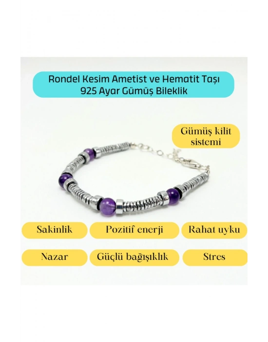 Sertifikalı Rondel Kesim Ametist ve Hematit  925 Ayar Doğal Taş Gümüş Bileklik 6mm