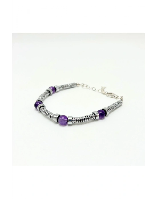 Sertifikalı Rondel Kesim Ametist ve Hematit  925 Ayar Doğal Taş Gümüş Bileklik 6mm