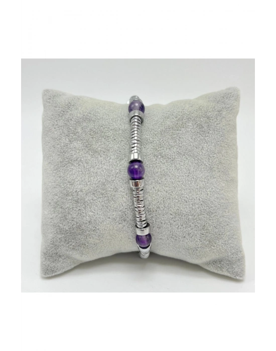 Sertifikalı Rondel Kesim Ametist ve Hematit  925 Ayar Doğal Taş Gümüş Bileklik 6mm