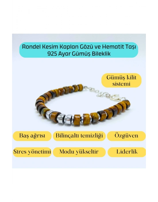 Sertifikalı Rondel Kesim Kaplan Gözü ve Hematit  925 Ayar Doğal Taş Gümüş Bileklik 6mm