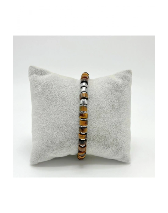 Sertifikalı Rondel Kesim Kaplan Gözü ve Hematit  925 Ayar Doğal Taş Gümüş Bileklik 6mm