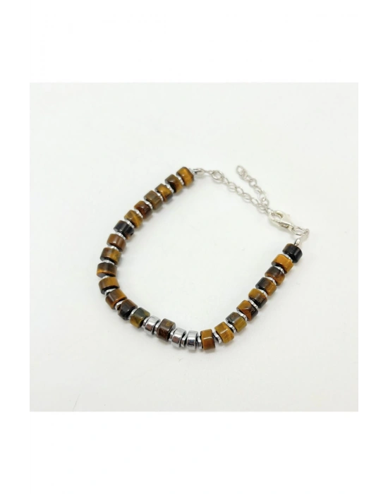 Sertifikalı Rondel Kesim Kaplan Gözü ve Hematit  925 Ayar Doğal Taş Gümüş Bileklik 6mm