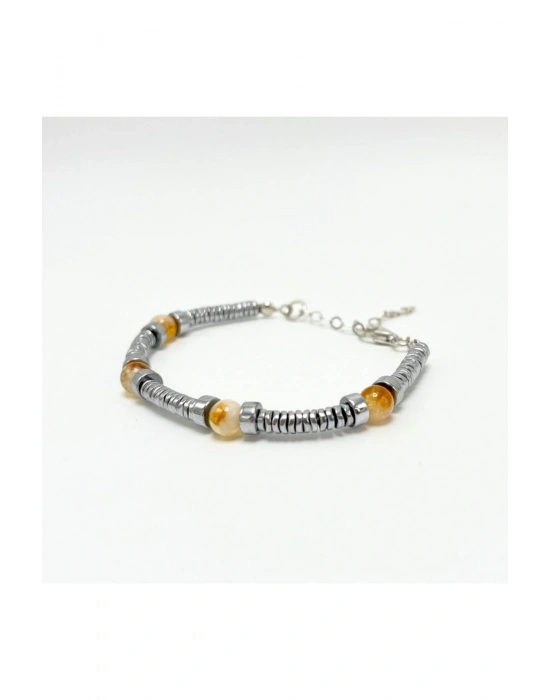Sertifikalı Rondel Kesim Sitrin ve Hematit  925 Ayar Doğal Taş Gümüş Bileklik 6mm