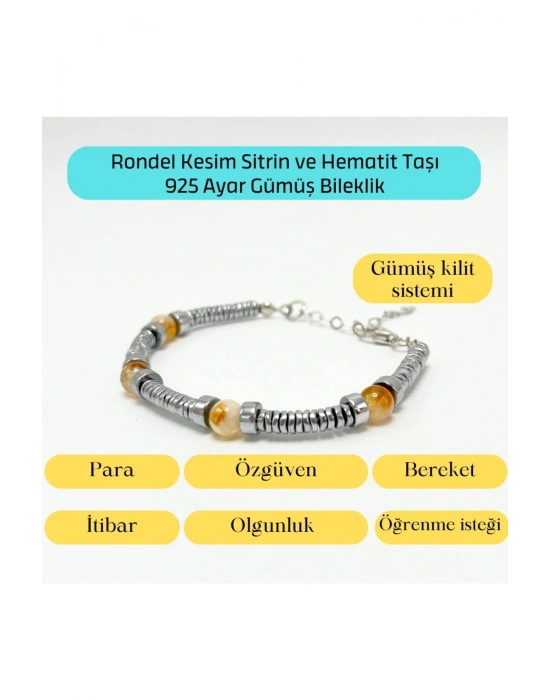 Sertifikalı Rondel Kesim Sitrin ve Hematit  925 Ayar Doğal Taş Gümüş Bileklik 6mm