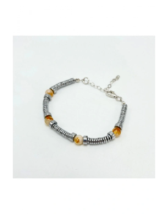Sertifikalı Rondel Kesim Sitrin ve Hematit  925 Ayar Doğal Taş Gümüş Bileklik 6mm