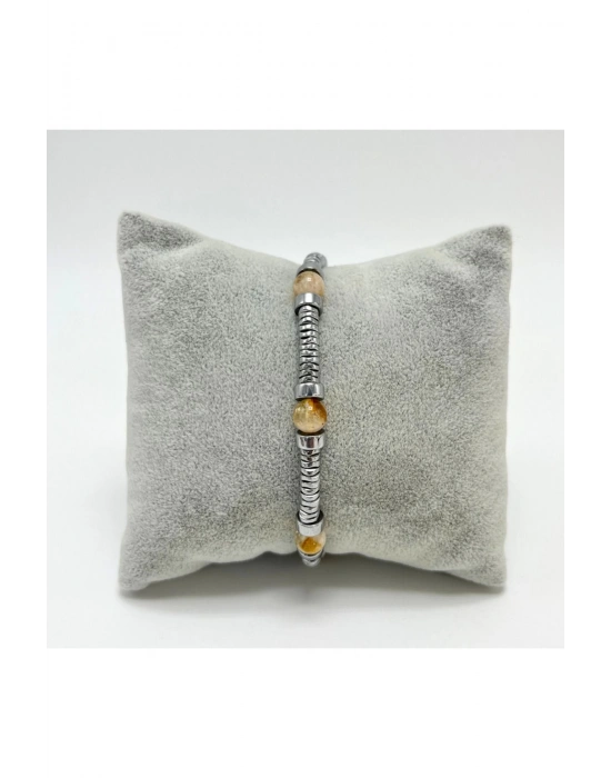 Sertifikalı Rondel Kesim Sitrin ve Hematit  925 Ayar Doğal Taş Gümüş Bileklik 6mm