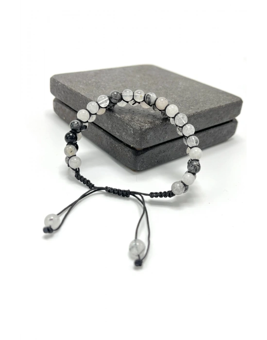 SERTİFİKALI Rutilli Kuvars Çift Sıra Doğal Taş Makrome Bileklik Ayarlanabilir Ölçü