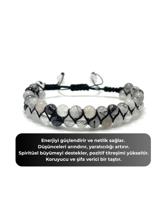 SERTİFİKALI Rutilli Kuvars Çift Sıra Doğal Taş Makrome Bileklik Ayarlanabilir Ölçü