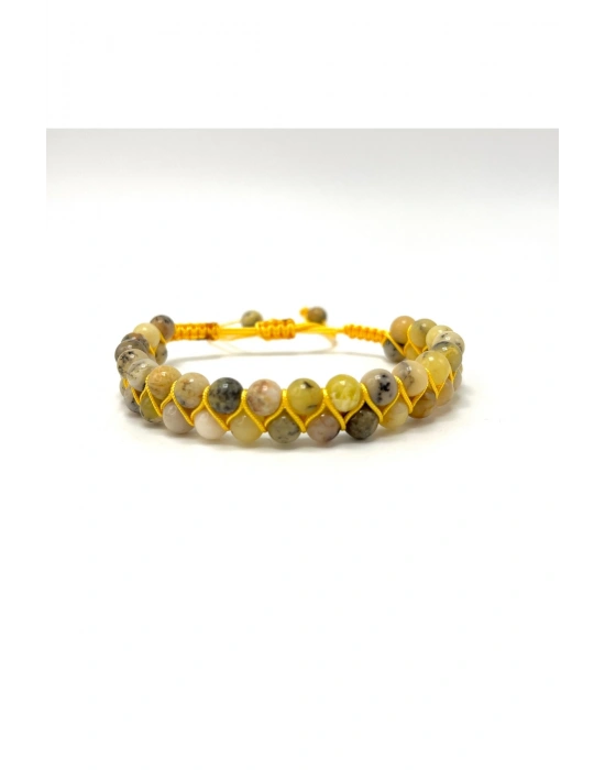 SERTİFİKALI Sarı Opal Çift Sıra Doğal Taş Makrome Bileklik Ayarlanabilir Ölçü