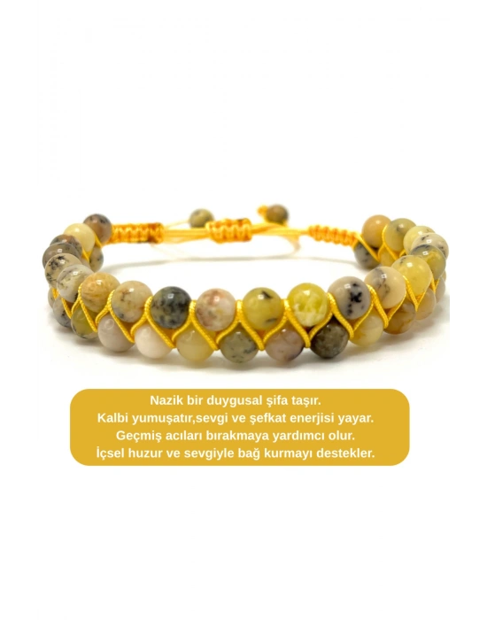SERTİFİKALI Sarı Opal Çift Sıra Doğal Taş Makrome Bileklik Ayarlanabilir Ölçü