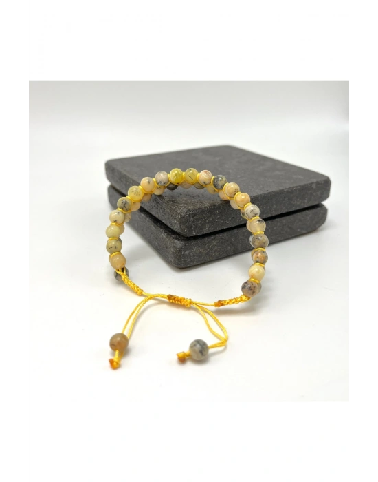 SERTİFİKALI Sarı Opal Çift Sıra Doğal Taş Makrome Bileklik Ayarlanabilir Ölçü