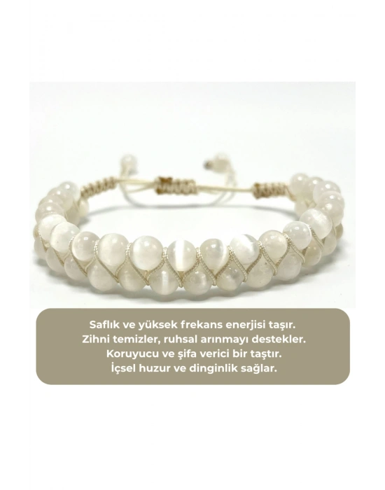 SERTİFİKALI Selenit Çift Sıra Doğal Taş Makrome Bileklik Ayarlanabilir Ölçü