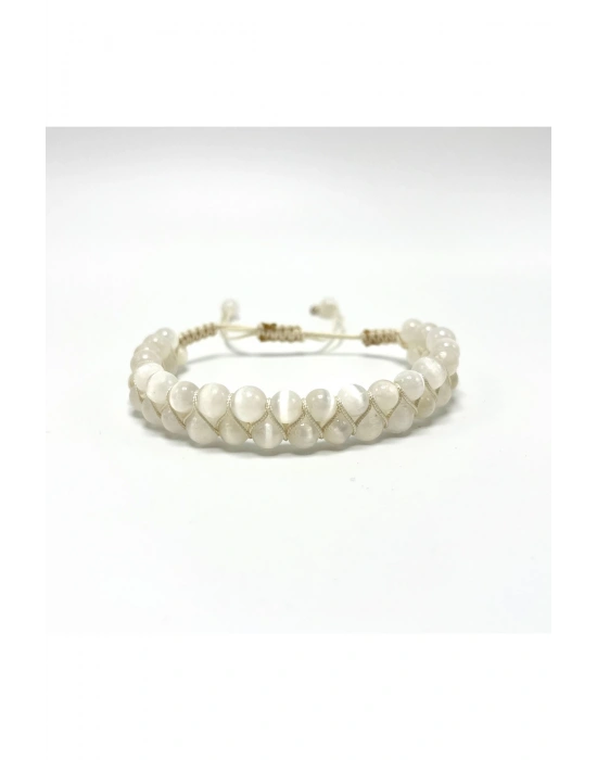 SERTİFİKALI Selenit Çift Sıra Doğal Taş Makrome Bileklik Ayarlanabilir Ölçü