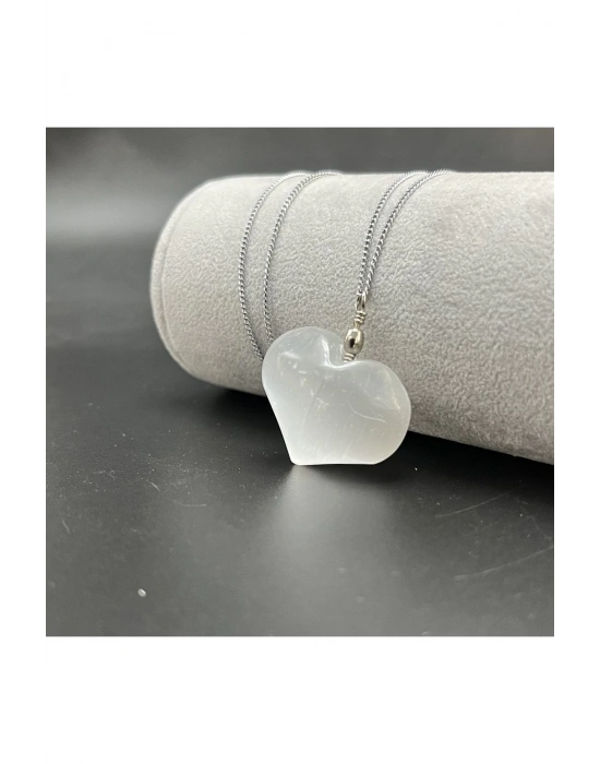 Sertifikalı Selenit Kalp Model Doğal Taş Kolye (KARARMAMA GARANTİLİ)
