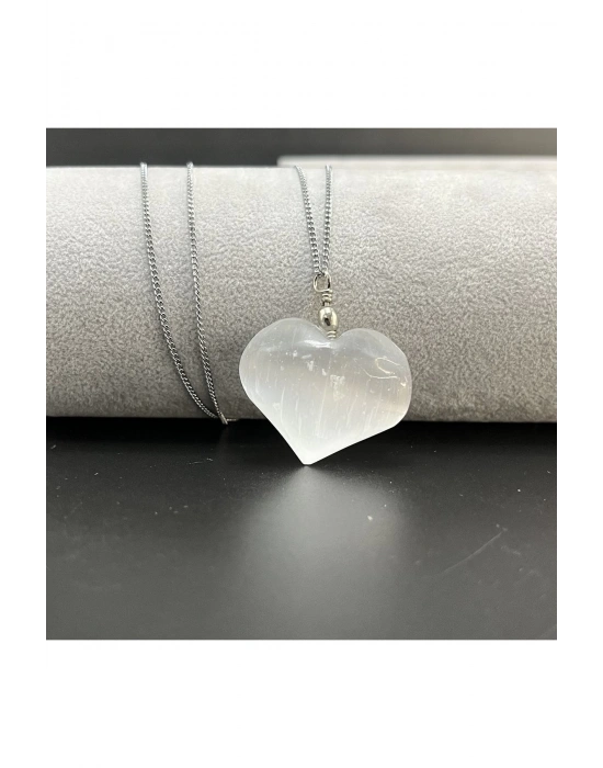 Sertifikalı Selenit Kalp Model Doğal Taş Kolye (KARARMAMA GARANTİLİ)