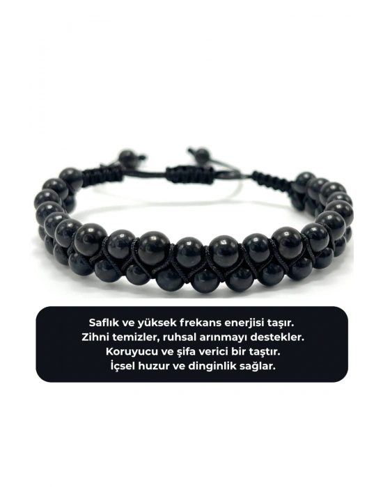 SERTİFİKALI Shungite Çift Sıra Doğal Taş Makrome Bileklik Ayarlanabilir Ölçü