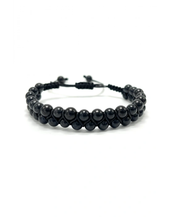 SERTİFİKALI Shungite Çift Sıra Doğal Taş Makrome Bileklik Ayarlanabilir Ölçü