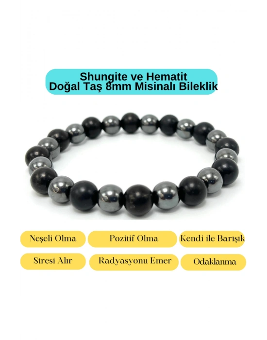 Sertifikalı Shungite ve Hematit Doğal Taş Misinalı Bileklik 8mm