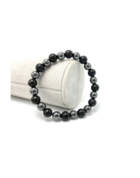 Sertifikalı Shungite ve Hematit Doğal Taş Misinalı Bileklik 8mm
