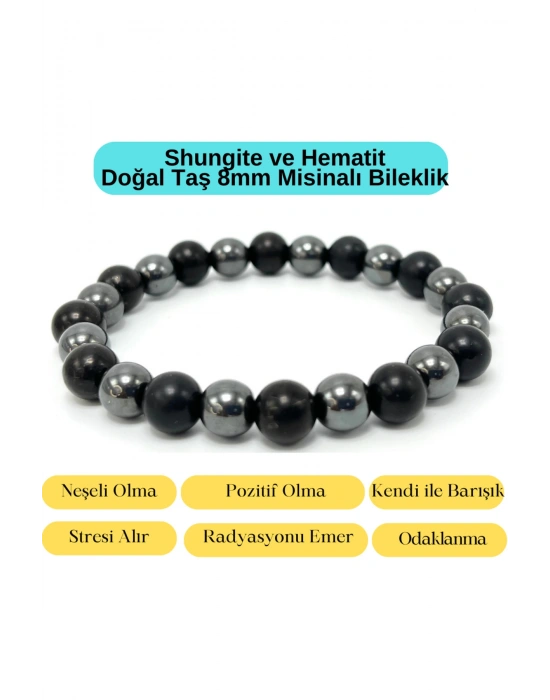Sertifikalı Shungite ve Hematit Doğal Taş Misinalı Bileklik 8mm