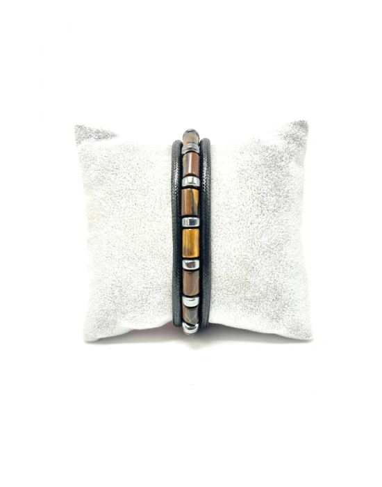 Sertifikalı Silindir Kaplan Gözü ve Hematit Doğal Taş Erkek Bileklik Mıknatıslı Kilit