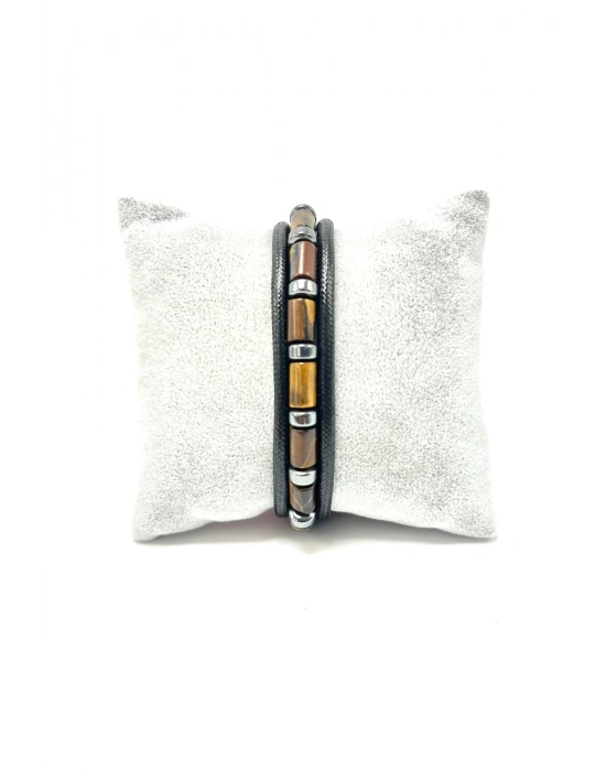 Sertifikalı Silindir Kaplan Gözü ve Hematit Doğal Taş Erkek Bileklik Mıknatıslı Kilit