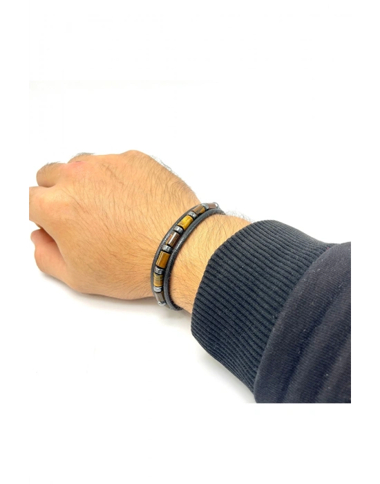 Sertifikalı Silindir Kaplan Gözü ve Hematit Doğal Taş Erkek Bileklik Mıknatıslı Kilit