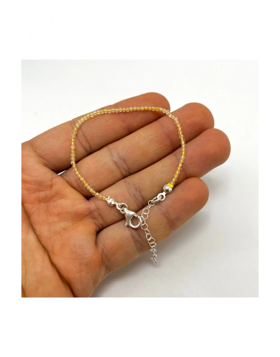 SERTİFİKALI Sitrin 2mm 925 Ayar Gümüş Doğal Taş Bileklik Uzatma Zincirli