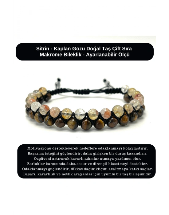 SERTİFİKALI Sitrin - Kaplan Gözü Doğal Taş Çift Sıra Makrome Bileklik