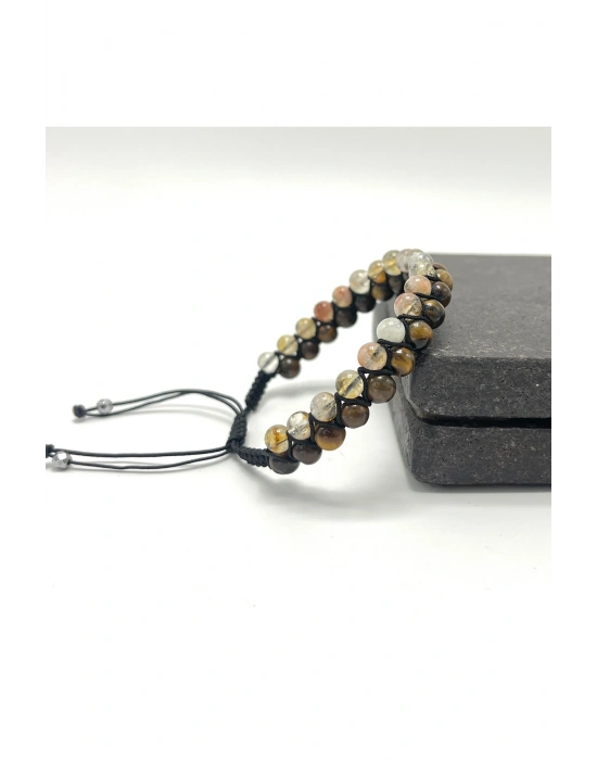 SERTİFİKALI Sitrin - Kaplan Gözü Doğal Taş Çift Sıra Makrome Bileklik