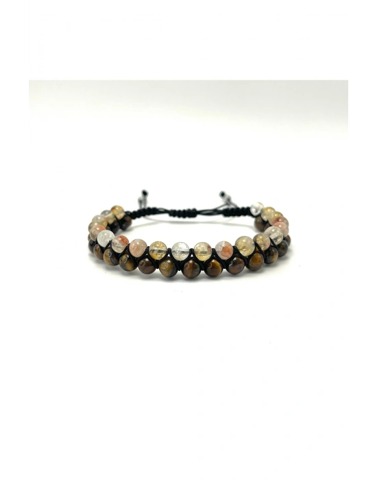 SERTİFİKALI Sitrin - Kaplan Gözü Doğal Taş Çift Sıra Makrome Bileklik