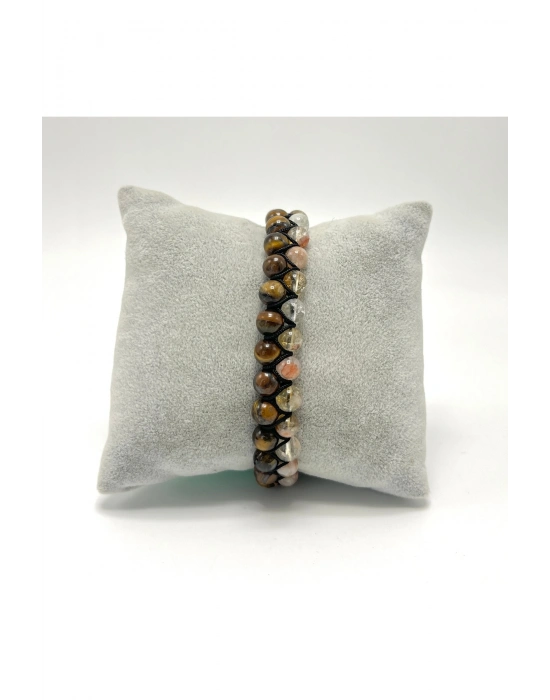 SERTİFİKALI Sitrin - Kaplan Gözü Doğal Taş Çift Sıra Makrome Bileklik