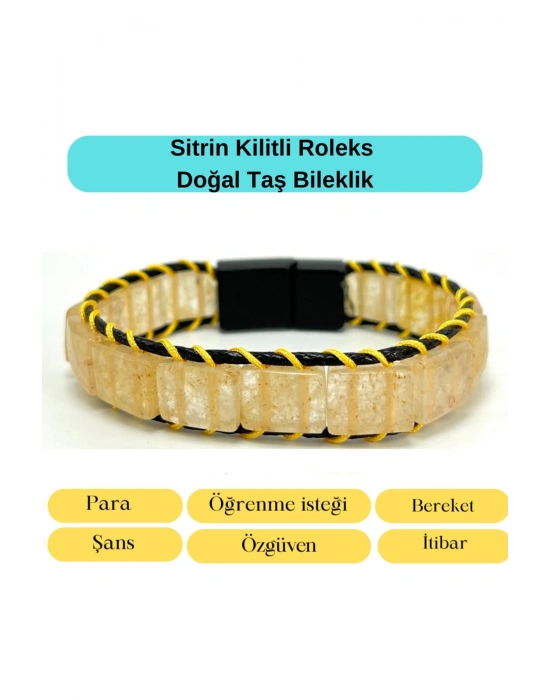 Sertifikalı Sitrin Kilit Kapama Roleks Doğal Taş Deri Bileklik