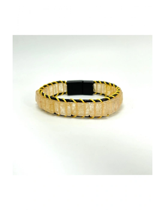 Sertifikalı Sitrin Kilit Kapama Roleks Doğal Taş Deri Bileklik