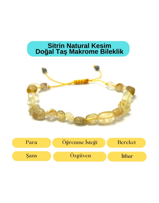 Sertifikalı Sitrin Natural Kesim Makrome Doğal Taş Bileklik Ayarlanabilir Ölçü