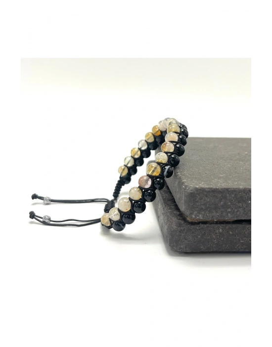 SERTİFİKALI Sitrin - Siyah Göz Akik Doğal Taş Çift Sıra Makrome Bileklik