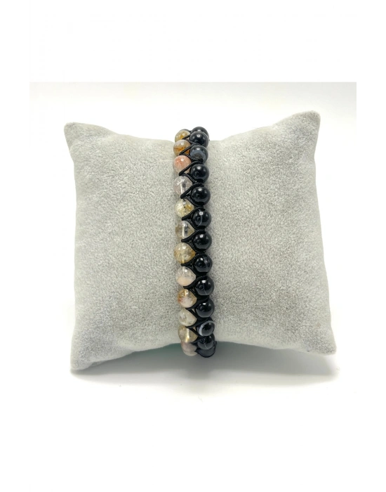 SERTİFİKALI Sitrin - Siyah Göz Akik Doğal Taş Çift Sıra Makrome Bileklik