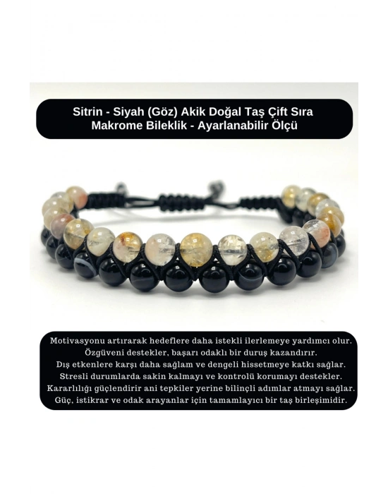 SERTİFİKALI Sitrin - Siyah Göz Akik Doğal Taş Çift Sıra Makrome Bileklik