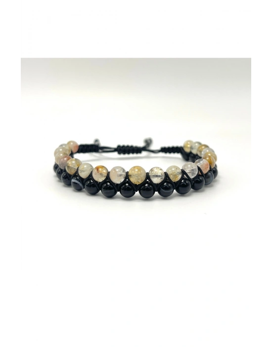 SERTİFİKALI Sitrin - Siyah Göz Akik Doğal Taş Çift Sıra Makrome Bileklik