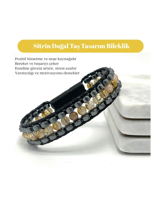 Sertifikalı Sitrin Taşı Erkek Bileklik – Çelik Kilitli, Doğal Taş Tasarım, Şık ve Özgün Aksesuar